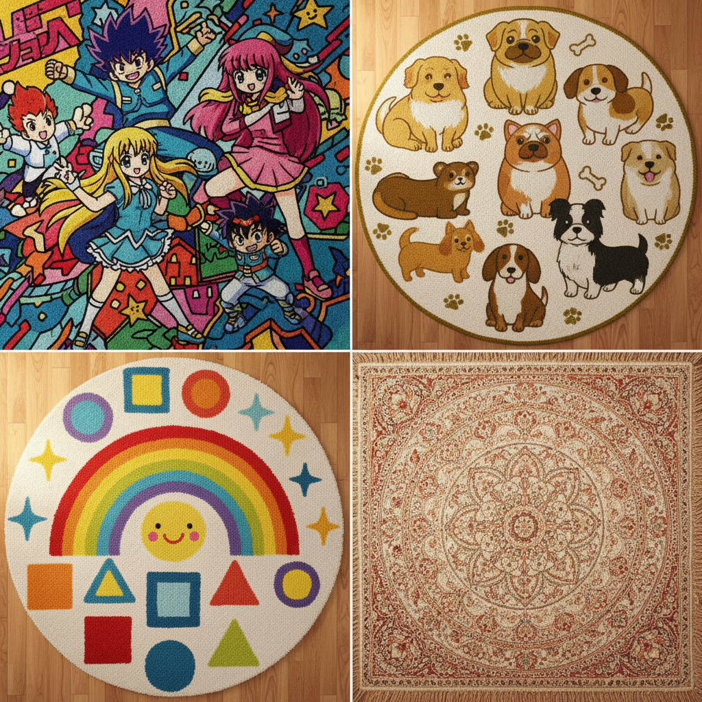 Handmade tufted rugs collage showcasing various designs